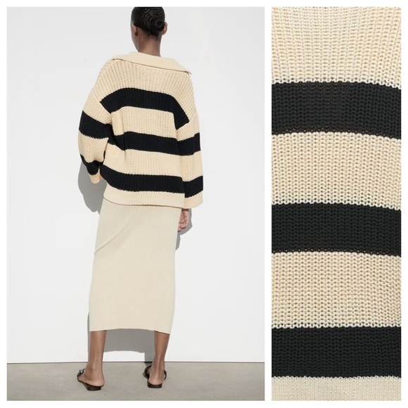 NWT. Zara Cream/Black V-Neck Oversized Striped Sweater. Size M-L. - Picture 5 of 11